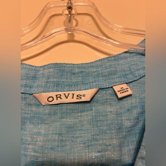 Orvis Teal Blue Linen Cuffed Sleeve Button Down Shirt, Size Medium - Picture 3 of 10